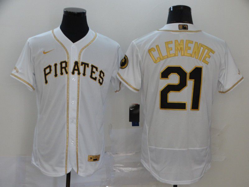 Men Pittsburgh Pirates #21 Clemente White Retro gold character Nike MLB Jerseys